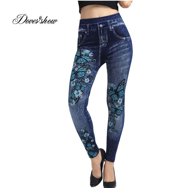 Elastic Slim Mulheres Sem Emenda Faux Denim Jeans Leggings Imprimir Fleece Fitness Tornozelo Lápis Calças Stretchy Push Up Workout Calças 201203