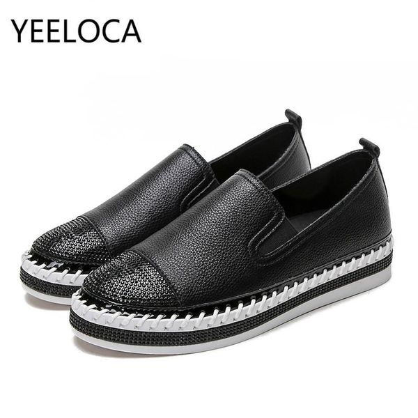 

yeeloca 2020 spring new womens flats student single shoes fashion rhinestones white shoes flat platform loafers maternity, Black