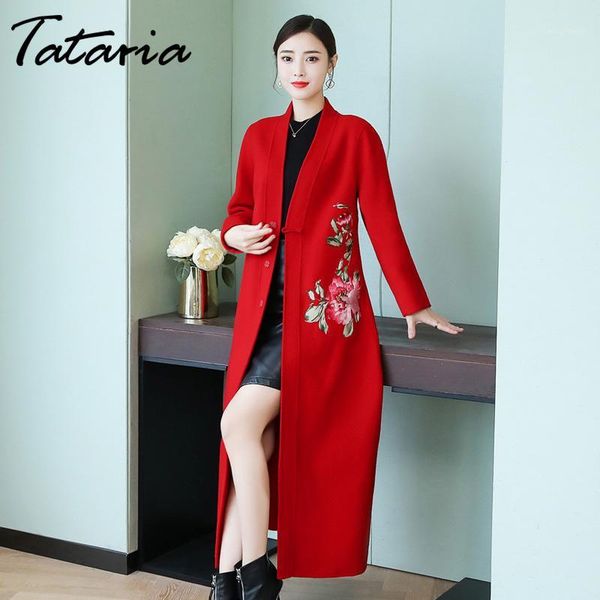

tataria winter wool embroidered coat women elegant long woolen coat female thicken warm wool womens loose casual outerwear1, Black
