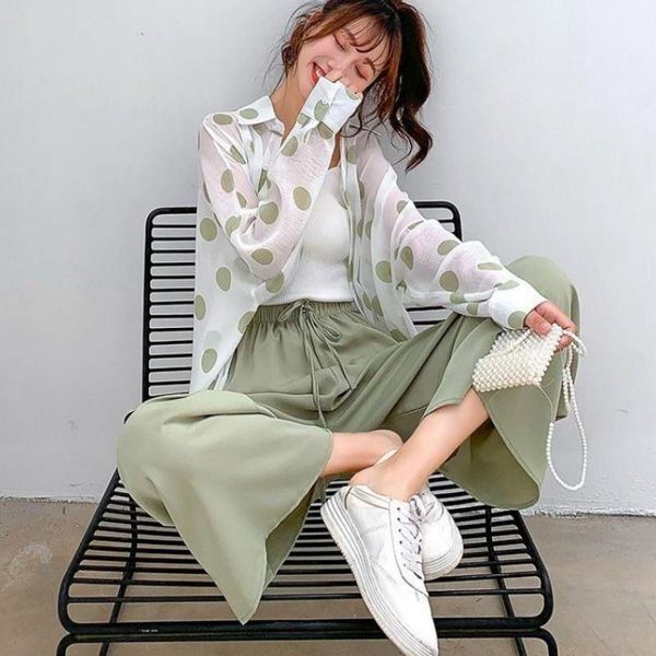 

2020 new summer women fashion set female camisole + casual polka dot jackets + wide leg three pieces suits z1291, White