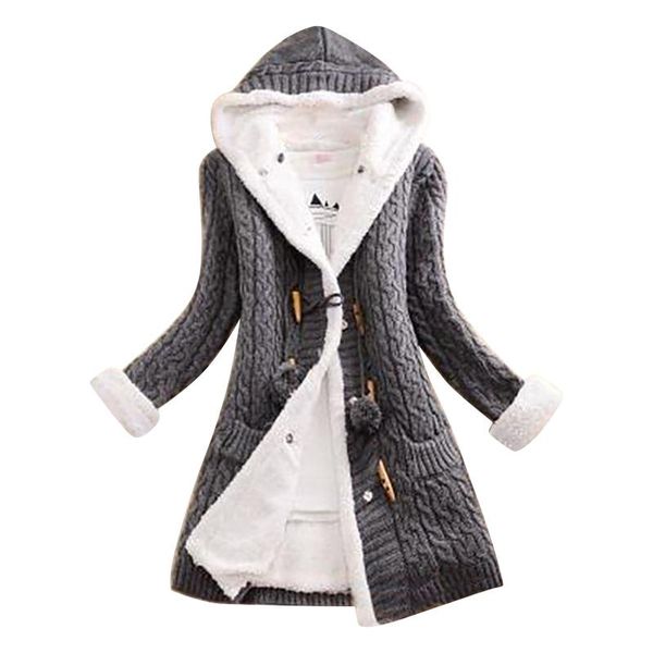 

women coat ladies casual knit button long sleeve cashmere thick warm hooded cardigan coat women coats and jackets ropa de mujer, Black;brown