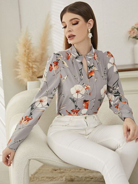 

floral print notch neck blouse d7jv#, White