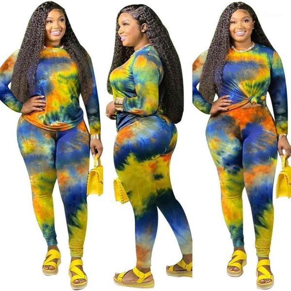 

plus size women printed outfits spring autumn 2020 new arrivals t shirt with long sleeves + skinny pants tie-dye real image1, Gray