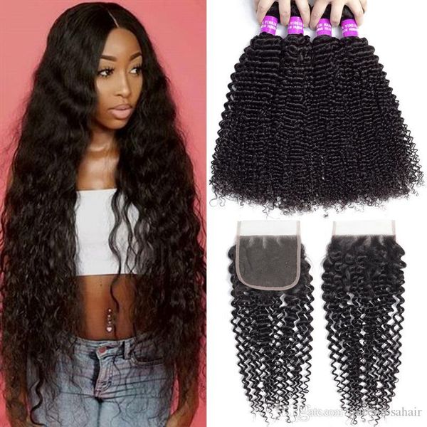 

brazilian virgin hair bundles with closures kinky curly human hair bundles with closure curly hair extensions with 4x4 lace closure, Black