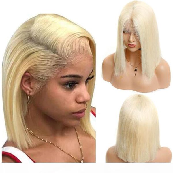 

honey blonde 613 human hair 13x4 lace front wig short straight lace front hair wigs peruvian remy pre plucked bob wigs, Black;brown