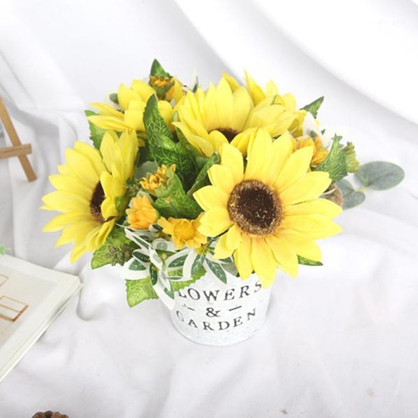 

artificial sunflowers mini bonsai with a iron vase potted plant for wedding decoration fake flowers home garden party supplies1