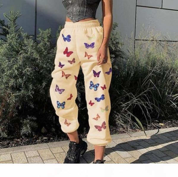 

womens designer pencil pants elastic waist butterfly printing casual spring long trousers woman mid waist loose pants, Black;white