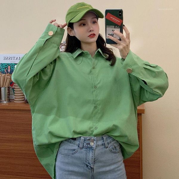

women's blouses & shirts women 2021 spring autumn casual loose blouse female fashion solid lapel long sleeve buttons oversized blusas, White