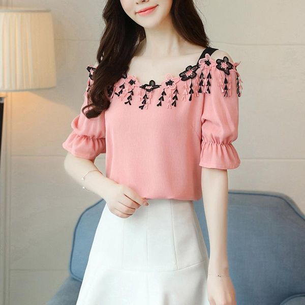 

womens floral embroidery off shoulder short sleeve blouse shirts ruffled, White