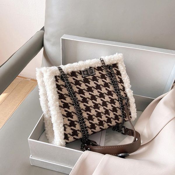 

fashion wool plaid chain shoulder bags for women 2020 winter ladies crossbody bags brand designer handbags houndstooth sling bag