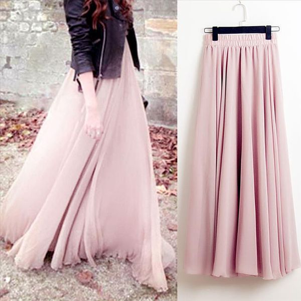 

summer bohemia long skirts women stretch high waist solid chiffon a line skirt casual pleated maxi skirt faldas saias streetwear, Black