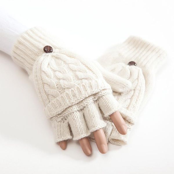 

five fingers gloves women knitted thicken thermal mittens soft half finger autumn winter artificial wool hand warmer gift flip 1 pair, Blue;gray