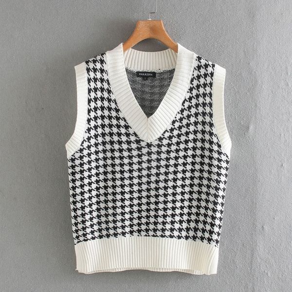 

women fashion oversized knitted vest sweater v neck sleeveless houndstooth loose female waistcoat chic y200720, White;black