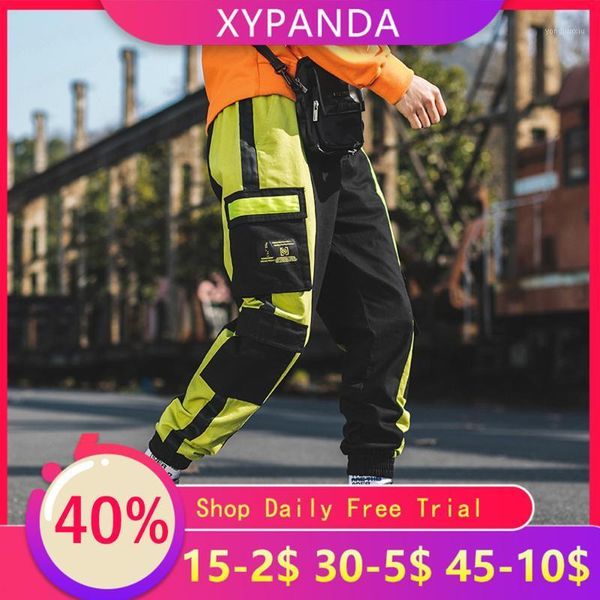 

xypanda street hip-hop trend men's pants overalls loose casual pants men contrast color feet function cargo1, Black