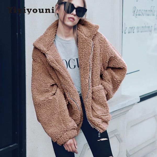 

yiyiyouni autumn winter faux fur coat women casual warm soft zipper fur jacket women plus size pocket plush overcoat female 2021, Black