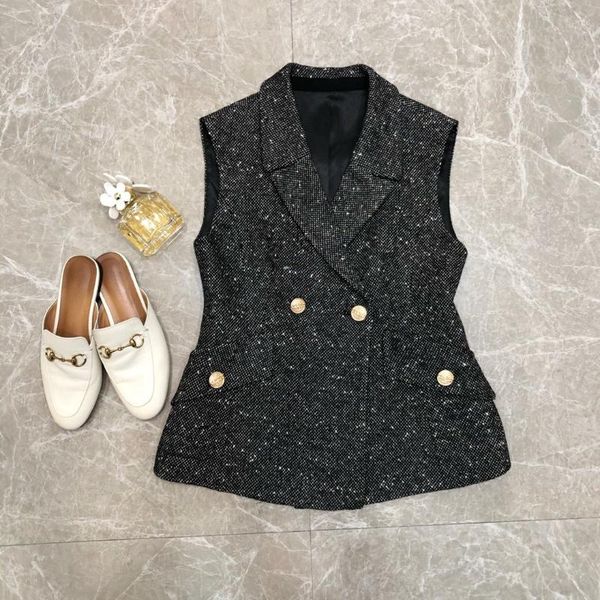 

2021 new ladies fashion sleeveless lapel double breasted vest 0919, Black;white