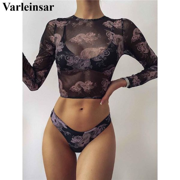 

2021 dragon printed bikini women swimwear female swimsuit three-pieces bikini set long sleeve thong bather bathing suit v2693, White;black