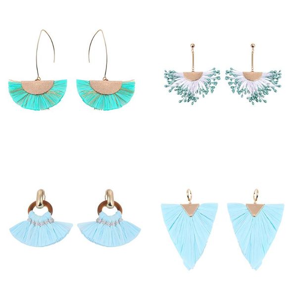 

dangle & chandelier fashion bohemian handmade raffia tassel earrings for women blue fan-shaped long fringe earring boho party jewelry, Silver
