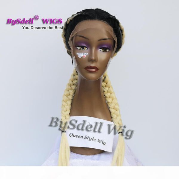 

queen style wig synthetic twin braids hair lace front wigs unique african american wig black root ombre blonde color wigs
