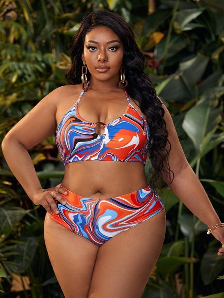 

plus fluid pattern ring linked halter bikini swimsuit t2bn#, Black