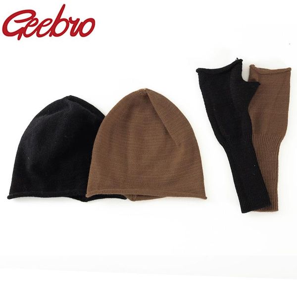

beanie/skull caps geebro fashion autumn winter warm long gloves beanie set angola female solid colors wide knitted skullies beanies, Blue;gray