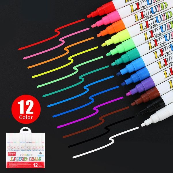 

12 color/set liquid erasable chalk marker pen for glass windows blackboard markers teaching tools office material escolar1, Black;red