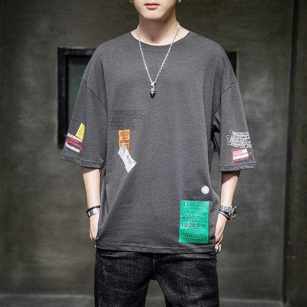 

men's short-sleeve t-shirt loose casual male letter print cotton o-neck pullover tee korean fashion hip-hop high street size 3xl, White;black