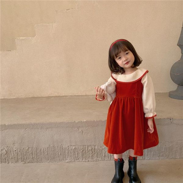 

girl's dresses 2021 fashion knitted sweater toddler girls winter dress velvet long sleeve jumper princess costume for kids, Red;yellow
