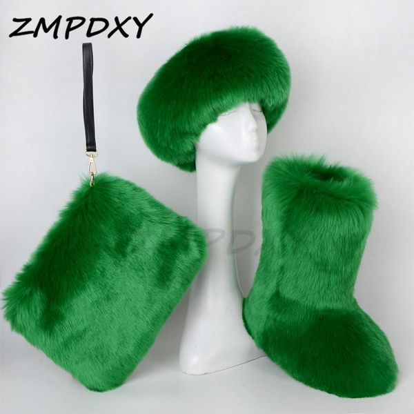

boots winter faux fur mid-calf snow purse handbag headband three-piece set women fluffy warm shoes size 36-44, Black
