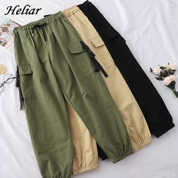 

heliar autumn cargo pants englend style loose elastic buttom trouser female long pants for women women trouser with pocket y200114, Black;white