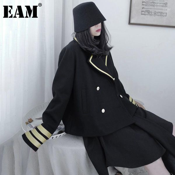 

eam] big size vintage contrast color cuff woolen coat parkas new lapel long sleeve women fashion autumn winter 2021 1dd13551, Black