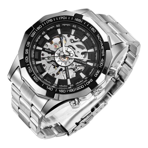 

fashionable waterproof automatic mechanical watch men's with full hollow steel band and large dial, Slivery;brown