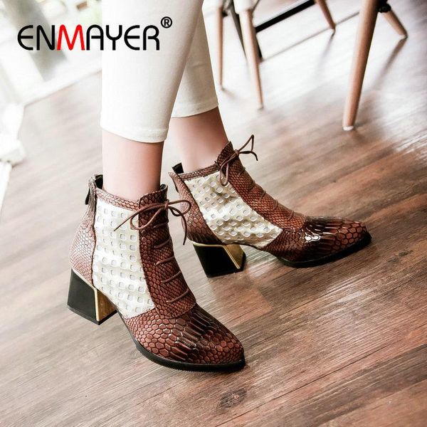 

enmayer 2020 basic round toe lace-up women shoes square heel short plush patchwork women boots zipper ankle boots for, Black