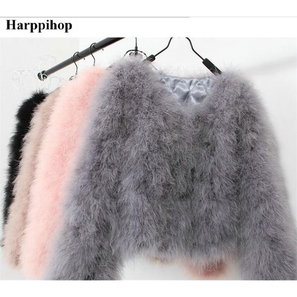 

harppihop 13 colors fashion ostrich wool turkey fur women coat feather short plus size jacket winter festival long sleeve 201110, Black
