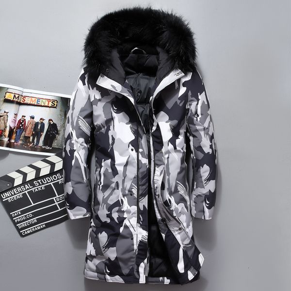 

mens fur hooded long duck down jacket man camouflage winter down coats male fashion overcoat keep warm parkas outerwear jk-8909 y1112, Black