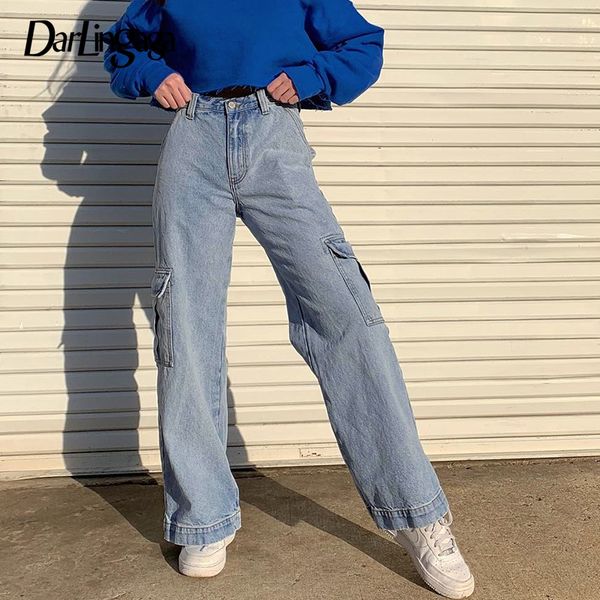

darlingaga fashion saraight denim high waist pants pockets loose women's trousers cargo pants women casual jeans bottom pantalon lj2008, Black;white