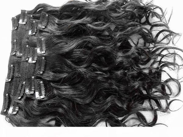 

brazilian human virgin remy hair extensions 9 pieces clip in hair wave hair jet black color, Black;brown