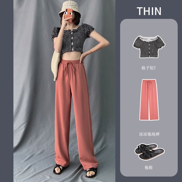 

2021 new solid-legged trousers of summer women straight-line ice high waist drape thin streetwear women's pants h0067 4qal, Black;white