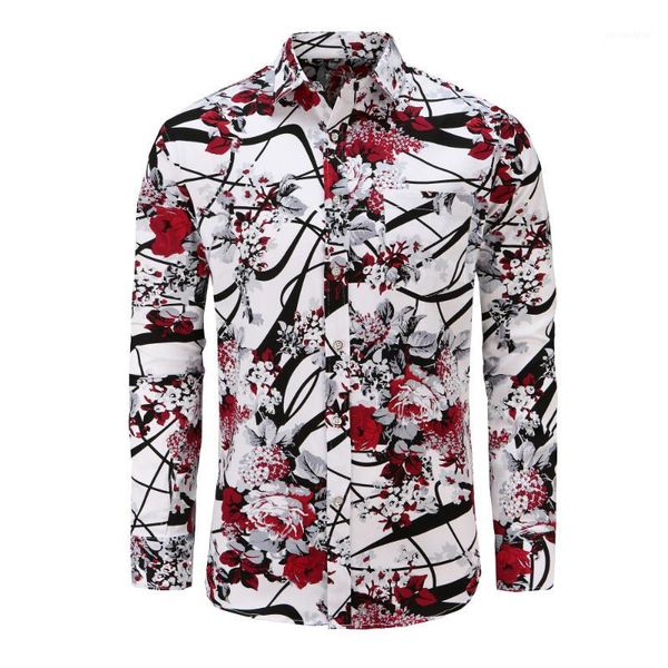 

dioufond fashion floral long sleeve men's shirts plus size flower printed casual camisas masculina black white red male shirt1, White;black
