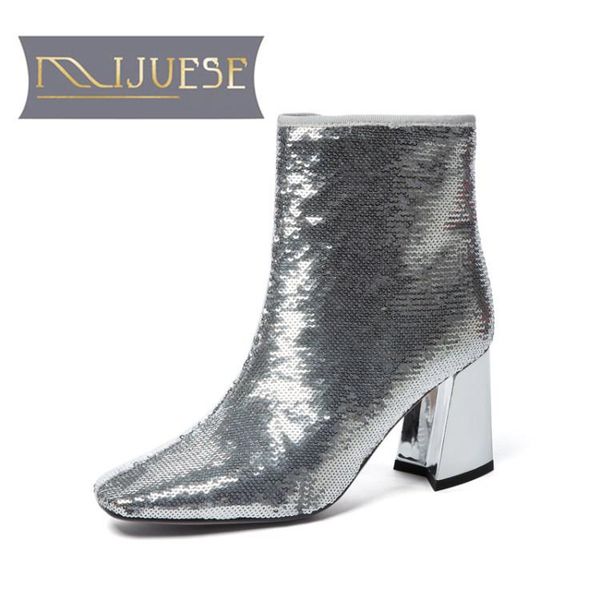 

mljuese 2021 women ankle boots microfiber winter short plush square toe zipper high heels female boots size 39, Black