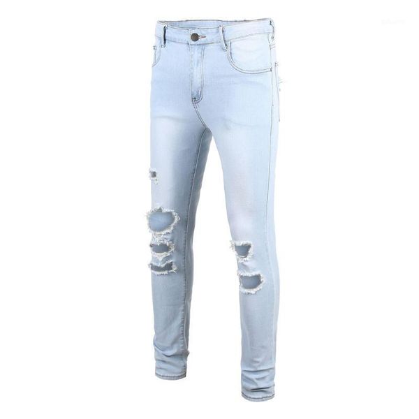 

vogue fashion holes jeans men's new fashion personality ripped slim fit zipper stretch soft denim trousers tide1, Blue