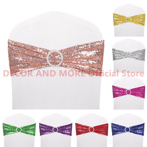 

sashes 50pcs shiny sequin spandex chair stretch bands with round buckle decoration wedding el party events cover