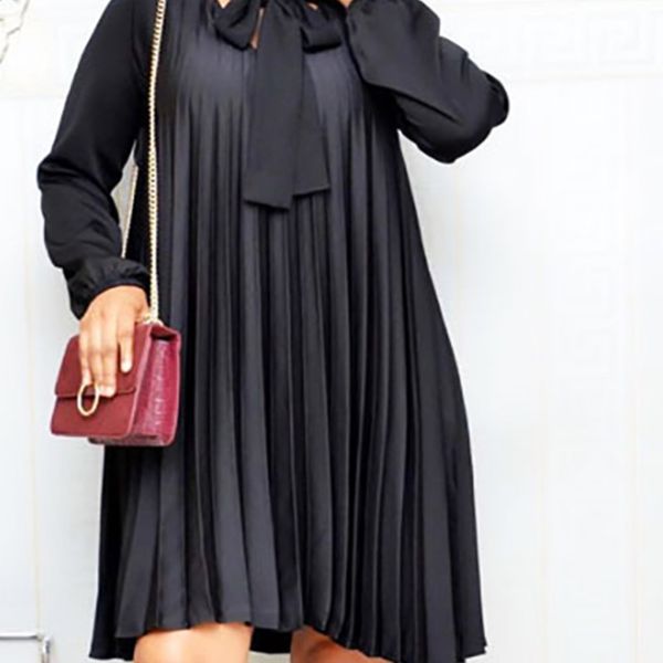 

plus size pleated dresses with bowtie long lantern sleeves knee length women fashion summer autumn female african vestidos new h1210, Black;gray