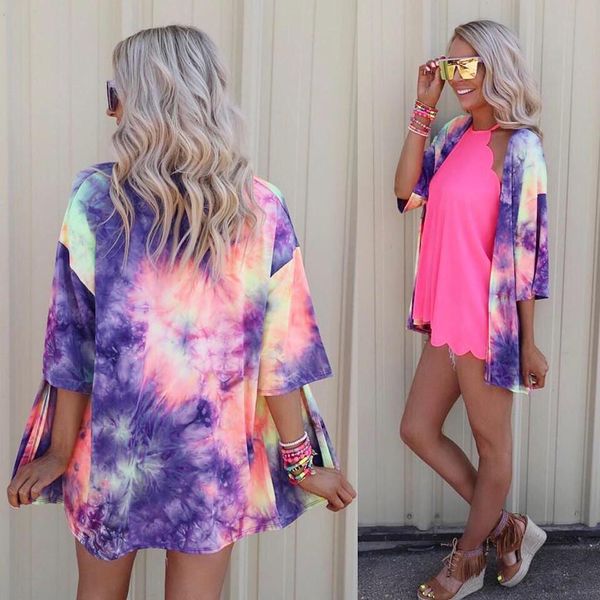 

fashion tie-dye print cardigan blouse chiffon beach kimono cover up casual summer ladies female women half sleeve blusas, White