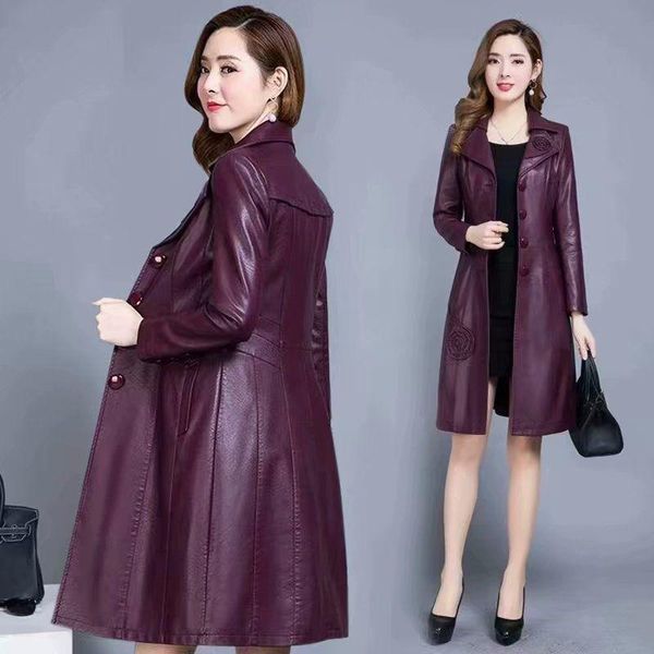 

2020 women female slim appliques flower purple pu leather long trench coat fall woman 5xl 6xl clothes duster coats windbreaker, Tan;black