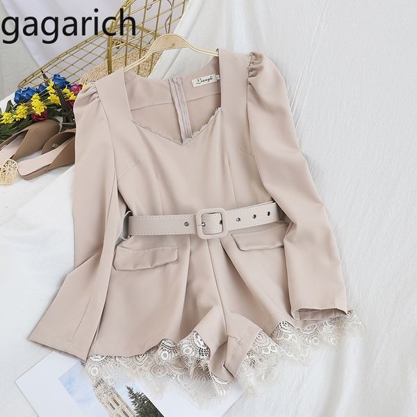 

gagarich women jumpsuit fashion sashes slim waist back zipper ladies elegant solid lace wide leg short bodysuits spring y200401, Black;white