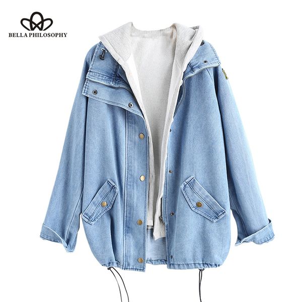 

bella philosophy autumn winter button up ladies denim women jacket with hooded 2 piece 3xl female jean plus size women coatx1016, Black;brown