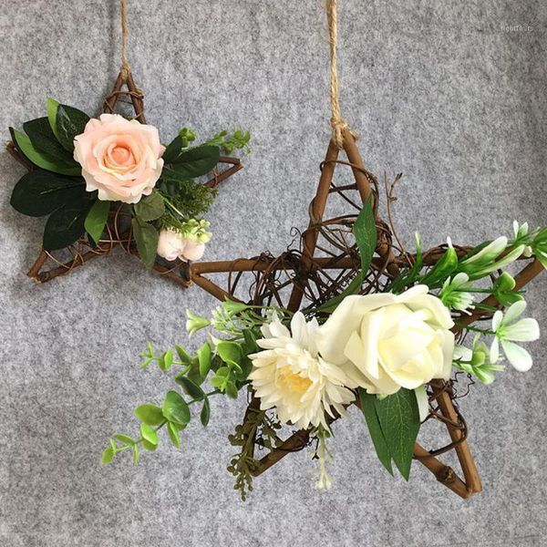

nordic style wall hanging pendant five-pointed star artificial flower wreath rattan hoop floral decoration home room ornament1
