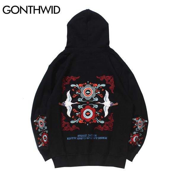 

chinese style embroidery cranes flowers floral sweatshirts streetwear mens hip hop harajuku casual hooded hoodies, Black