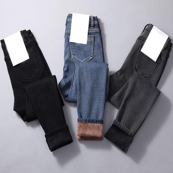 

women high waist warm jeans pants thick plush lined skinny denim stretchy trousers nin668 drop shipping, Blue